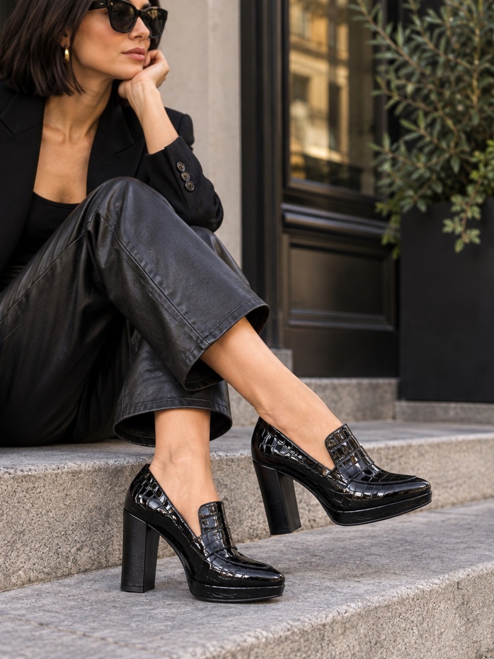 🩵MAKE OFFER🩵 B Store Black Croc Embossed Platform Block Heels Size 38